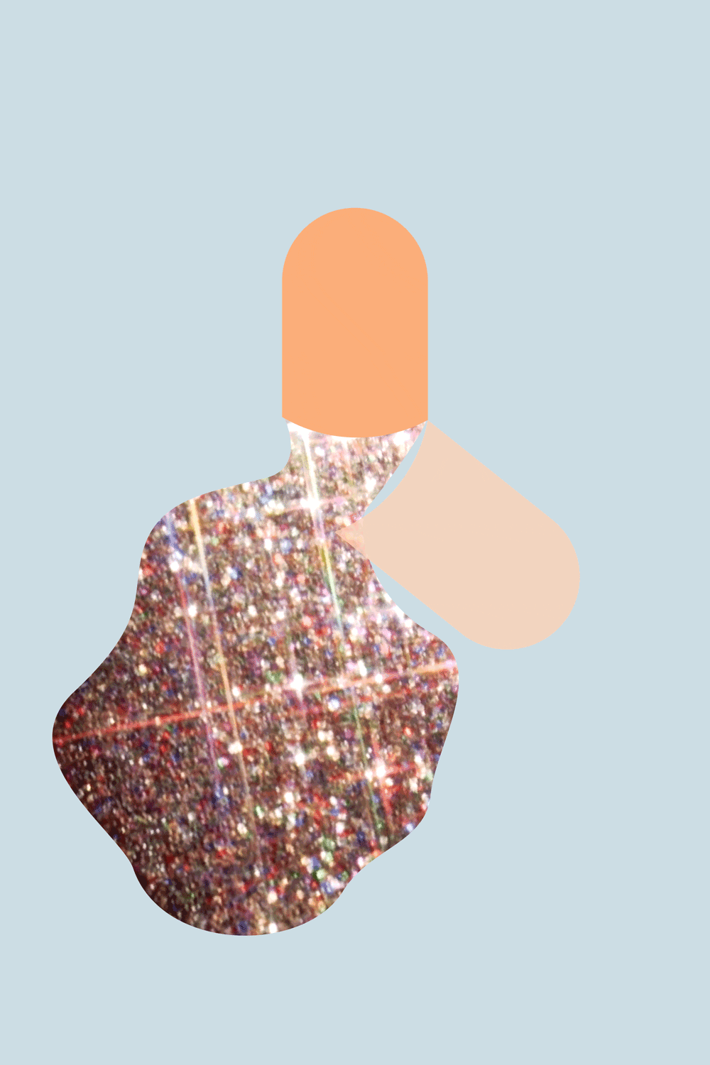An illustration of a pill opening up and spilling glitter out.
