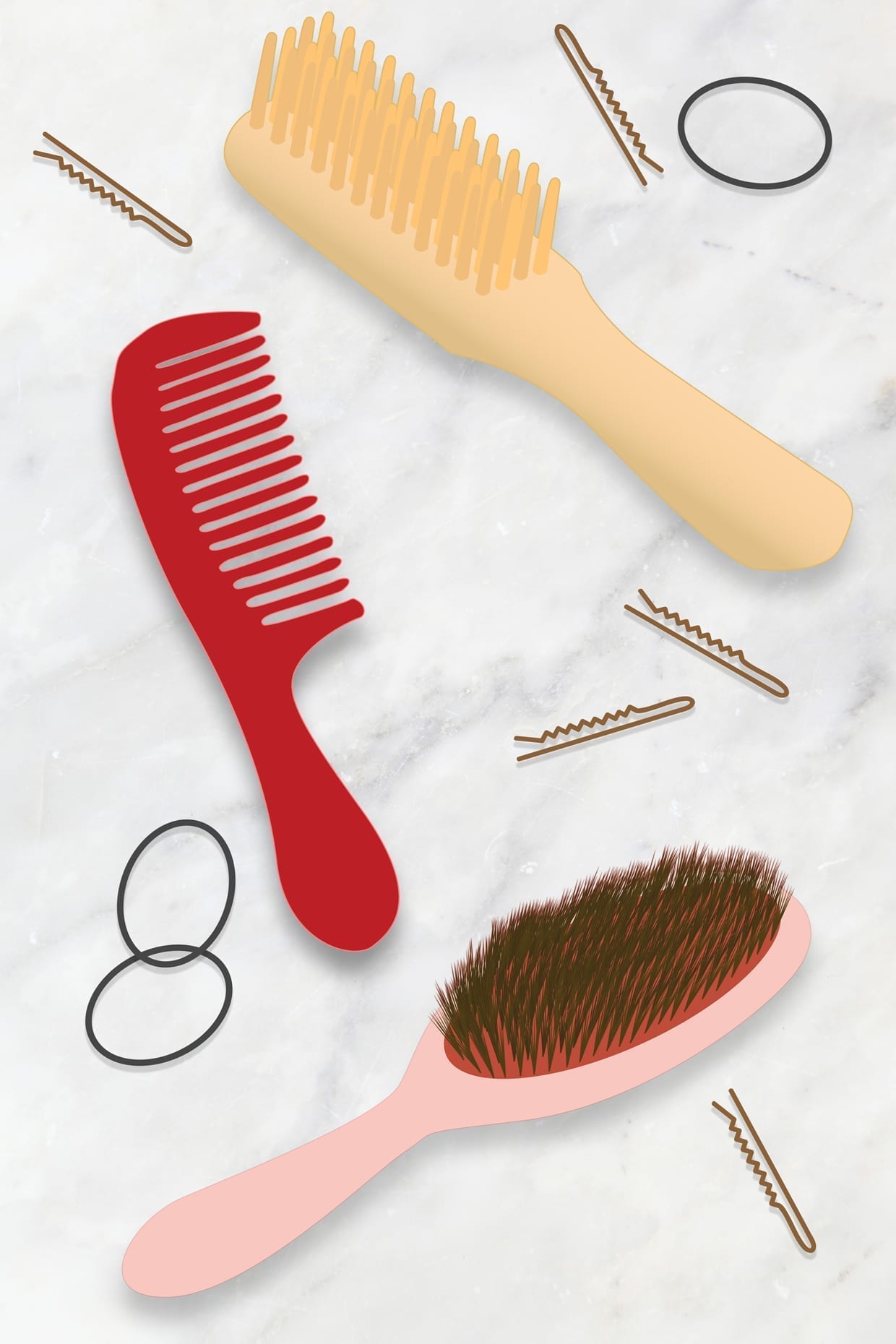 An illustration of different brushes and combs on a marble countertop along with hair ties and bobby pins.