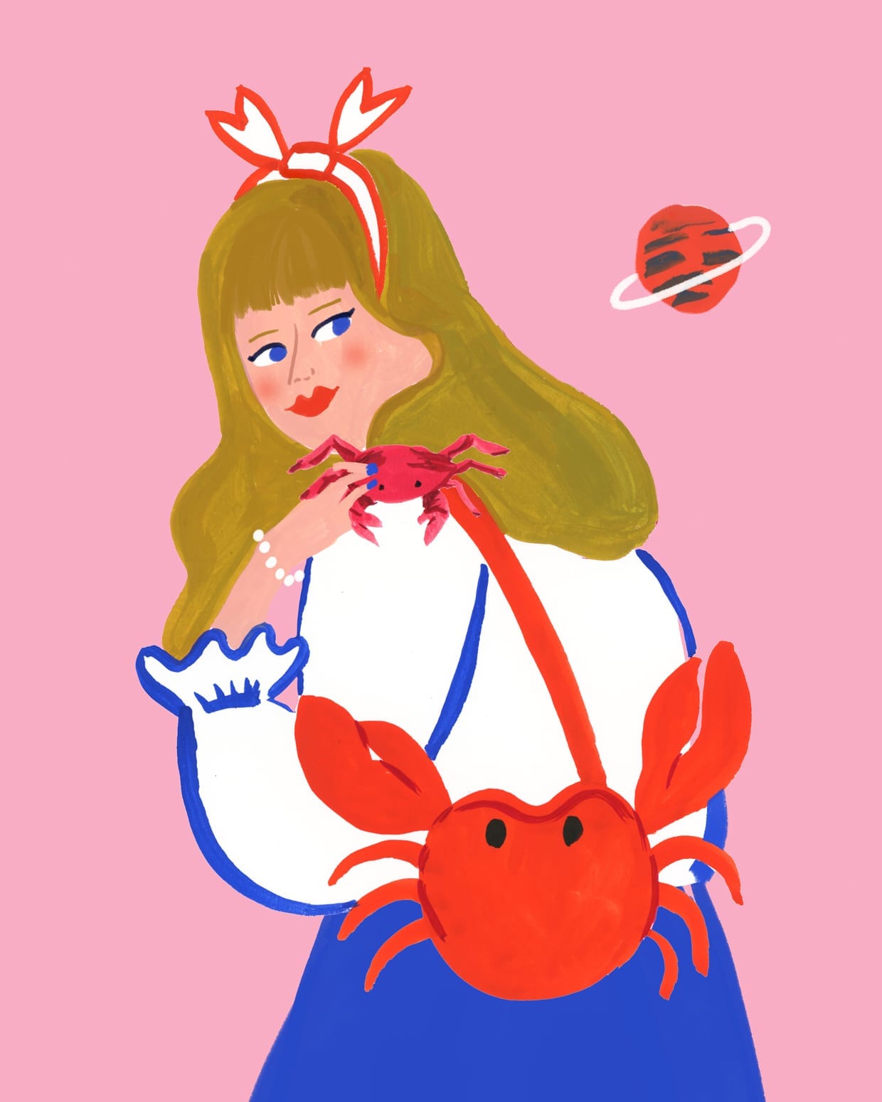 An illustration of a woman with a crab backpack.