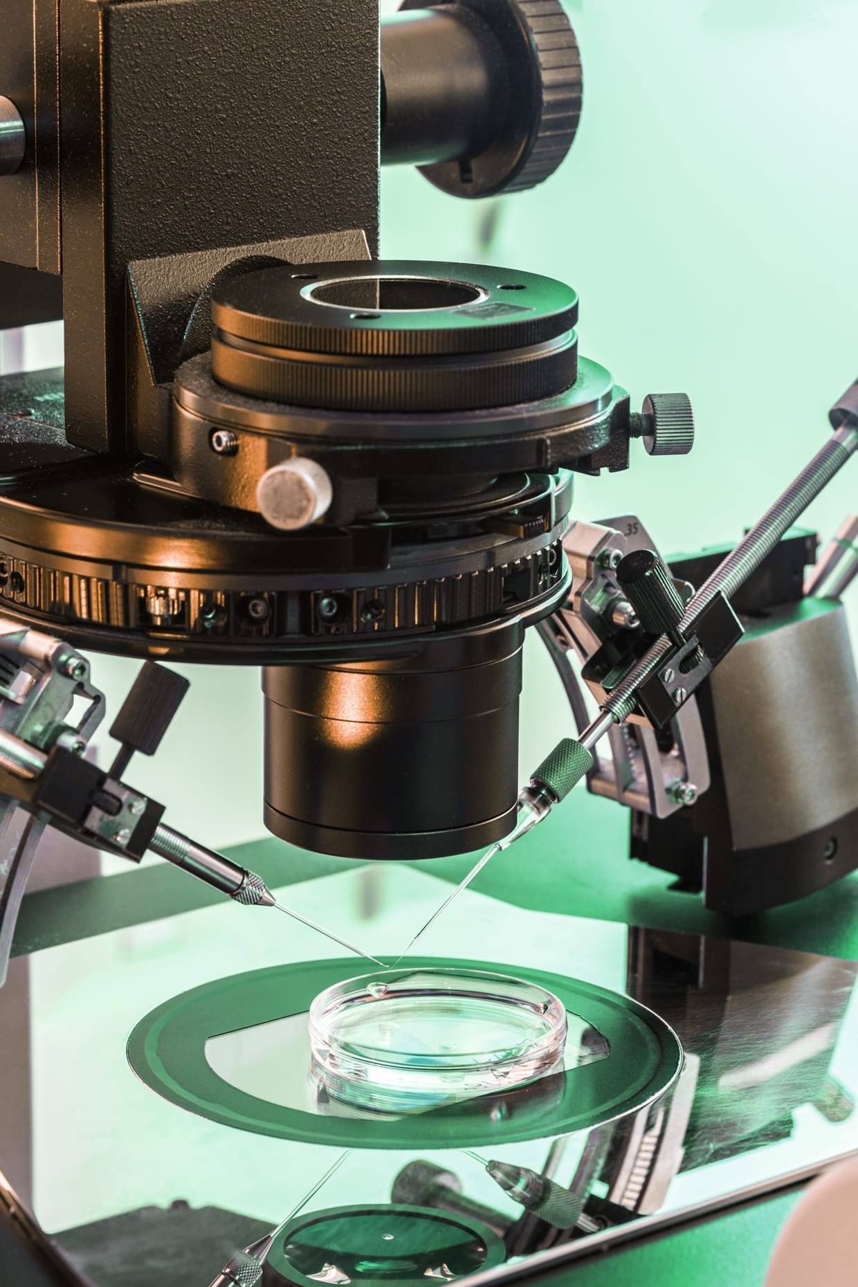 A close up of an in vitro fertilization microscope.
