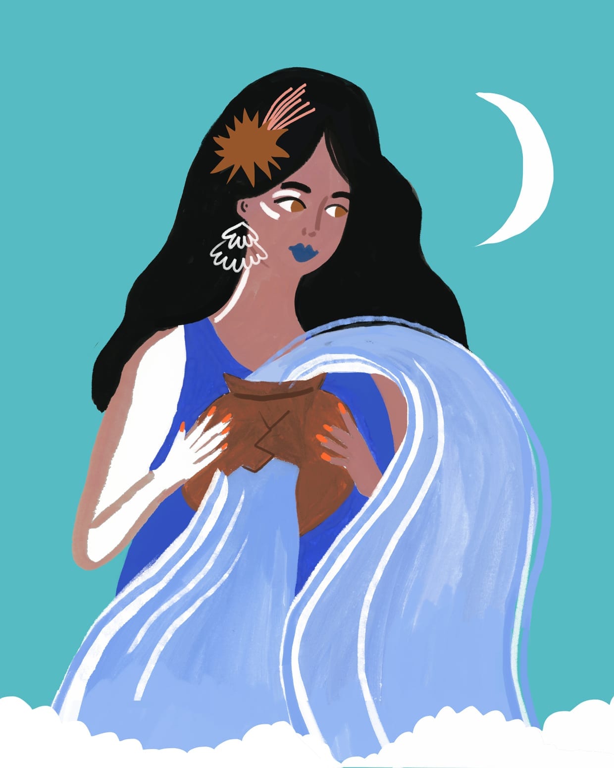 An illustration of a woman holding a broken jug with water spilling out.