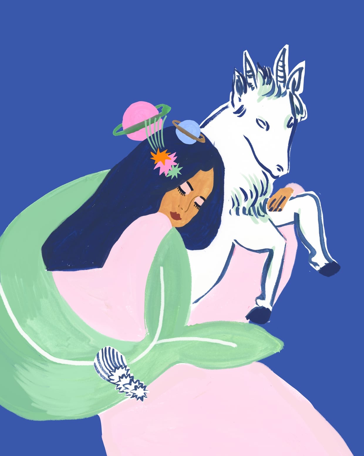 An illustration of a woman with a capricorn.