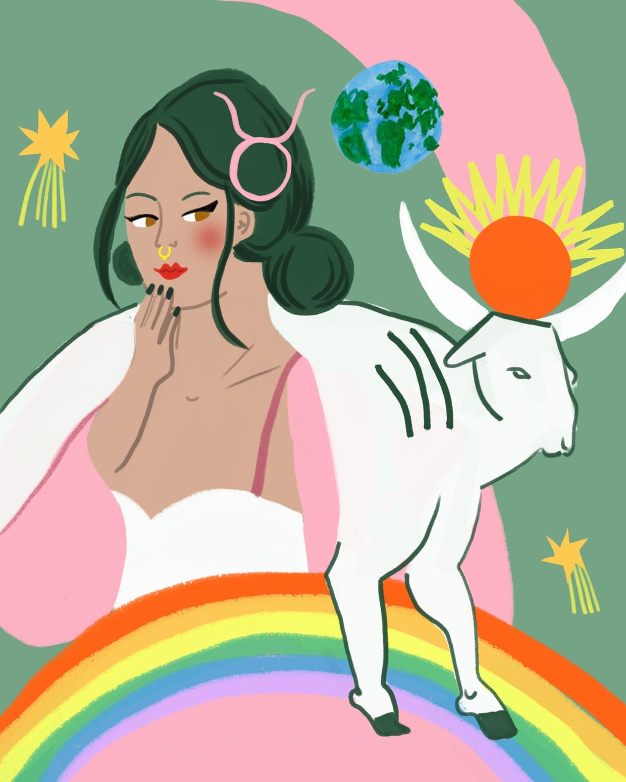 An illustration of a woman with a bull.