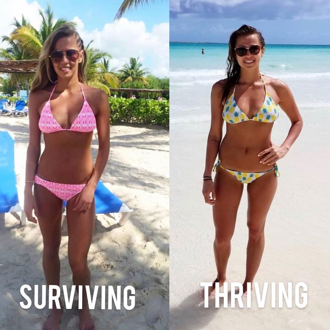 A side by side of Courtney Hill from when she had orthorexia (left) and during her recovery (right).